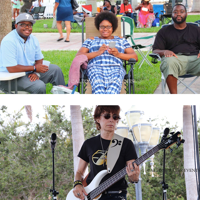 Friends attending an outdoor event with a guitarist